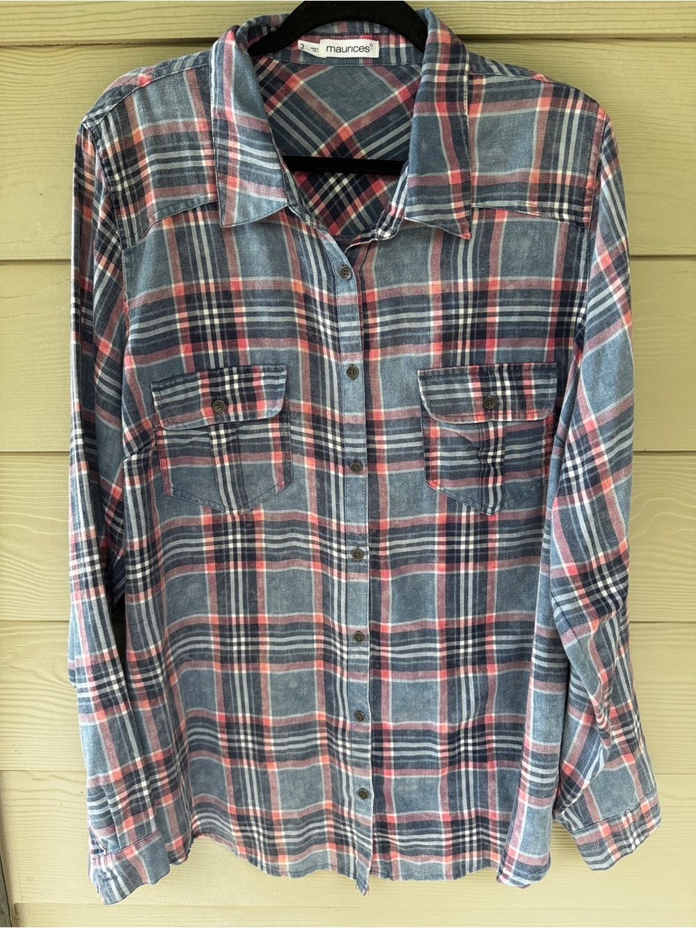 Maurices Button Down Shirt Womens 2x Blue Pink Plaid Western Casual Long Sleeve